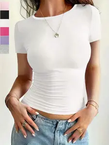 Women's Solid Round Neck Tee, Y2K Casual Comfy Short Sleeve T-shirt for Daily Wear, Ladies Clothes for All Seasons, Top