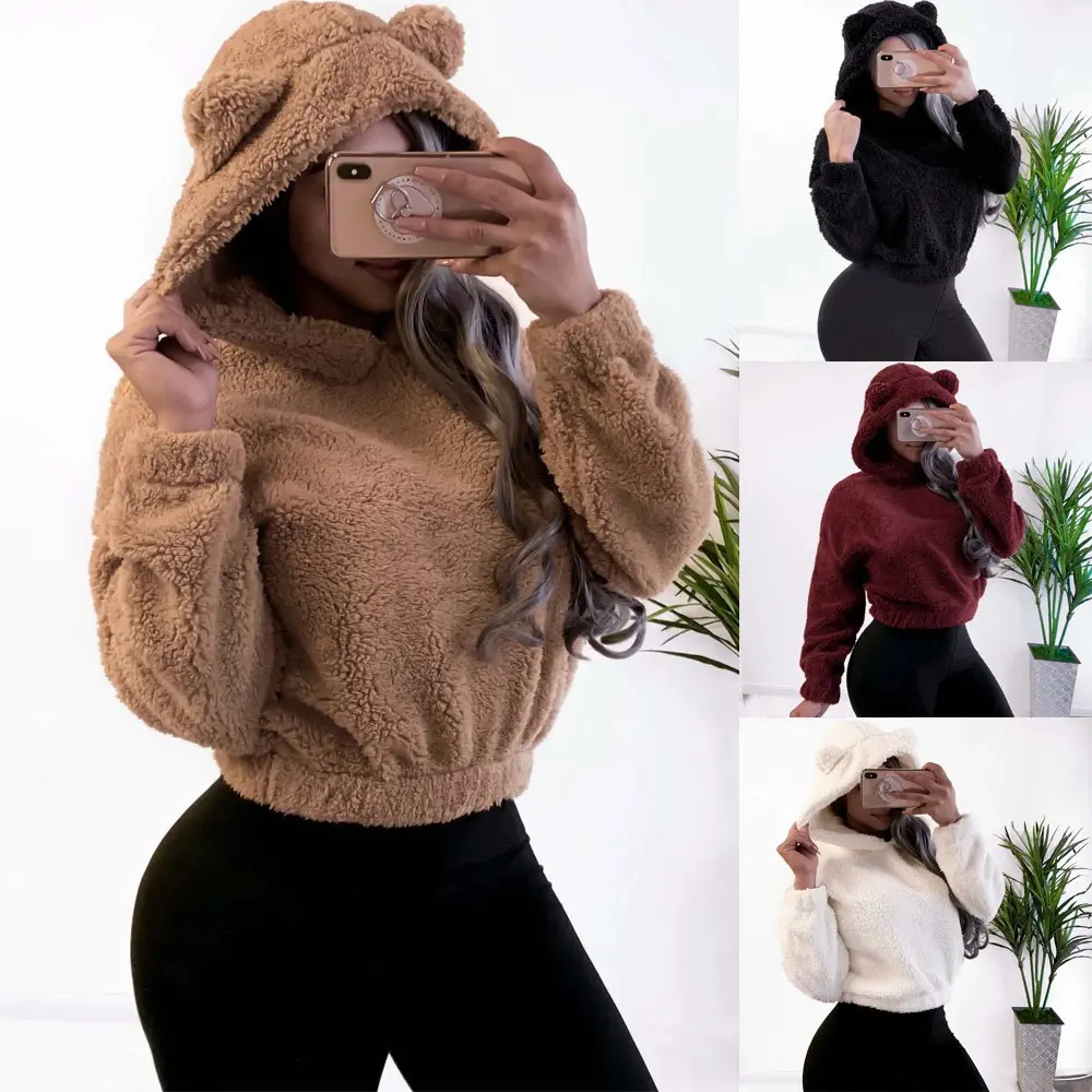 Womens Hoodies Sherpa Pullover Sweater Fuzzy FleeceSweatshirt Oversized Hoodie Cozy Outerwear WomenswearAnimal Bear Check Cute Furry Day Fit