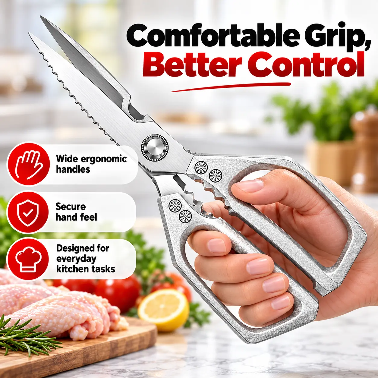 Heavy Duty Multifunction Kitchen Shears, Stainless Steel Poultry Scissors with Serrated Fish Scaler, Built-in Nutcracker and Bottle Opener, Versatile Food Prep Scissors