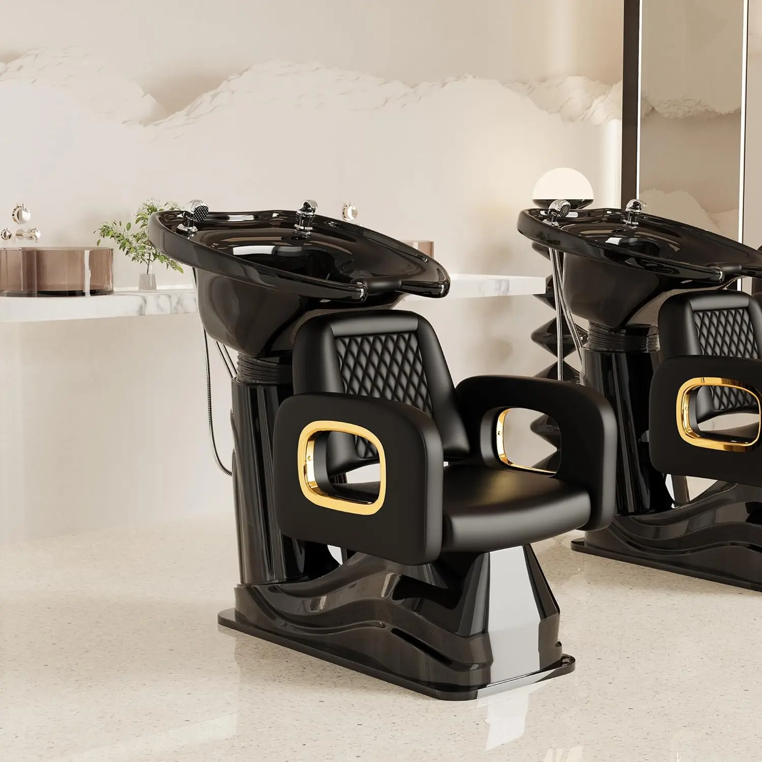 Baasha Shampoo Chair, Professional Shampoo Bowl and Chair Set for Salon, Comfortable Barber Backwash Chairs with Memory Sponges Cushion, Hair Washing Station for Barbershop