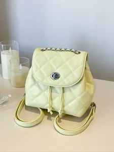 Plain Color Foldable Diamond Grid Backpack Set, Stylish Daypack, Multi-Pocket Design, Waterproof Zip Closure, Suitable for School and Travel