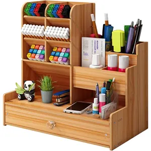 Upgraded Wooden Pencil Holder and Pen Organizer for Desk, Easy Assembly, Art Supply Organizer, Desktop Stationery (Cherry)
