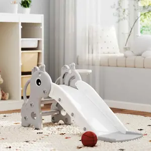 3-in-1 Freestanding Toddler Slide with Climber, Basketball Hoop and Ball, Giraffe Design, Gray, for 1-3 Year Olds (Home & Garden Kids' Play Slide)