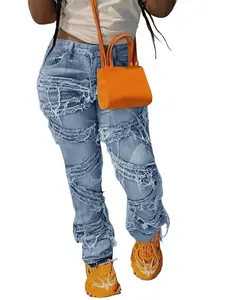 Women’s High Waist Frayed Flare Jeans, Dark Vintage Wash Stacked Jeans Denim Pants with Frayed Fringe Detail, Edgy Streetwear