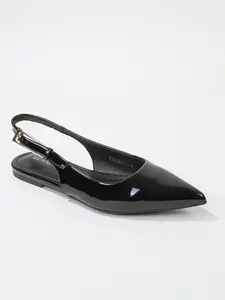 Women's Pointed Glossy Leather Slingback Ballet Flats - Casual Buckle Sandal Footwear, Comfortable Everyday Shoe