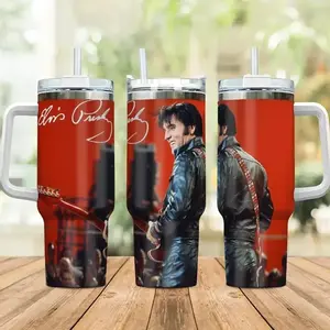 Elvis Presley 40oz Insulated Tumbler With Handle & Straw, Vintage Rock N Roll King Of Rock Music Fan Gift, 1968 Comeback Special Leather Jacket Stainless Steel Travel Mug, Retro Singer Signature Graphic Cup For Men Women