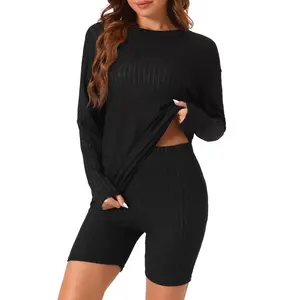 cheibear Women's Ribbed Knit Long Sleeved Top with Slim Biker Shorts Lounge Set Black X-Large