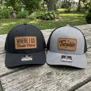Matching Couple Hats Where I Go Trouble Follows Leather Patch Trucker Hats, Matching Couple Hats For Men & Women