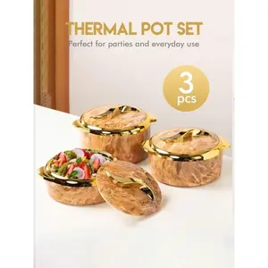 3pcs, Golden Touch Food Warmer, Thermal Casserole Dish Set With Lids, Insulated Stainless Steel Container For Hot & Cold Food, Serving Bowl For Buffets, Hot Pot Sets Food Warmer, Hot Pot Food Warmer Set, Tableware Casseroles Set, For Office Kitchenware Ho