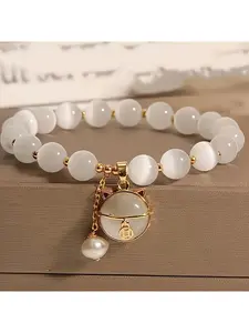 White Crystal Faux Cat's Eye Bracelet, Beaded Hand Jewelry for Women, Birthday Gift, Bracelet for Girlfriend, Valentine's Day Gift, Gift for Girlfriend