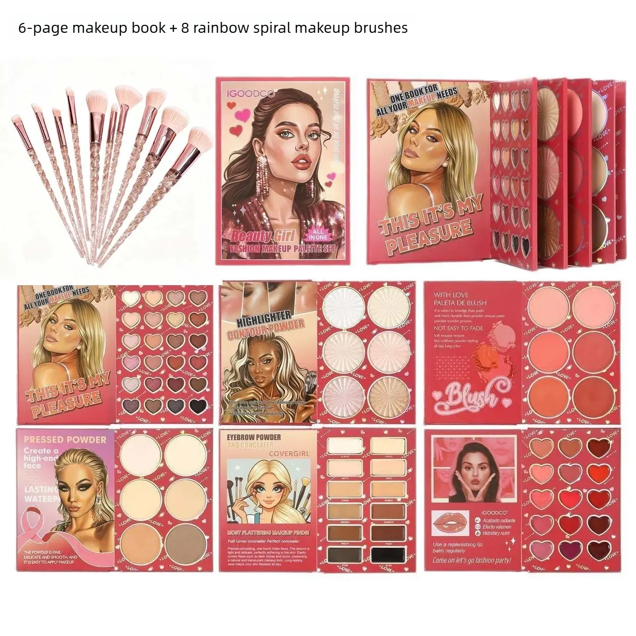 6-Layer Book Shaped Makeup Palette with Rainbow Unicorn Brush Set, Matte Shimmer Eyeshadow Blush Highlight Lip Gloss All-in-One, Ideal Christmas Gift for Friends