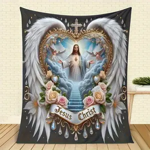 Luxurious Retro Jesus-Inspired Flannel Blanket - Soft and Lightweight All-Season Throw, Featuring Angel, Rose, Cross, and 'Jesus Christ' Designs - Perfect for Home, Office, Camping, Travel, Comfortable Travel Item, Angel Pattern, Premium Fabric