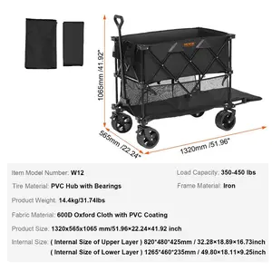 VEVOR Foldable Double Decker Wagon, 400L Collapsible Wagon Cart with All-Terrain Wheels, Heavy Duty Folding Wagon Cart 350-450 lbs Weight Capacity for Camping, Shopping, Garden, 52 Extra Long Extender