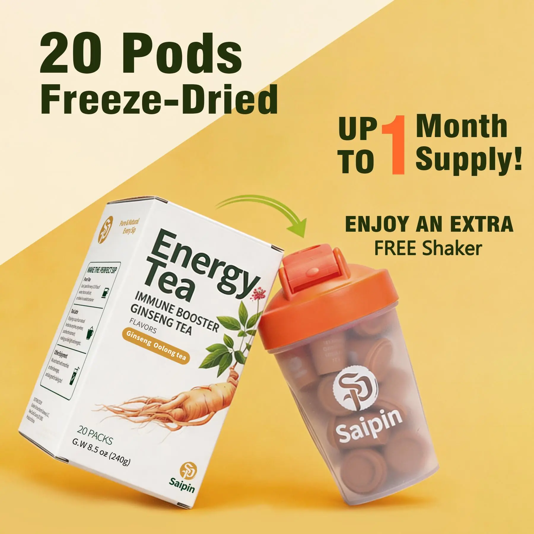 Organic Oolong Ginseng Calming Tea Pods - 20 Freeze-Dried Unflavored Instant Herbal Pods, Sugar-Free, Caffeine-Free, Clean Focus, Natural Detox, Healthy Beverage for Work & Gym, Holistic Wellness Support