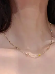 Vintage Minimalist Colorful Natural Stone Charm Daily Wear Necklace, Unique Square Alloy Design Necklace, Fashion Accessory for Women & Girls