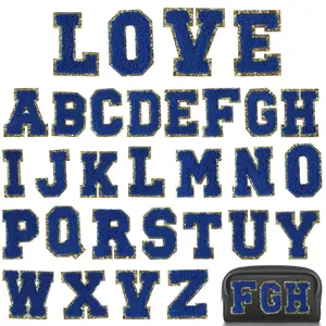 New Blue Chenille Sewing Fabric Patches, Embroidered Letter Appliques, School Style DIY Handmade Decorations for Backpacks Hats Clothing