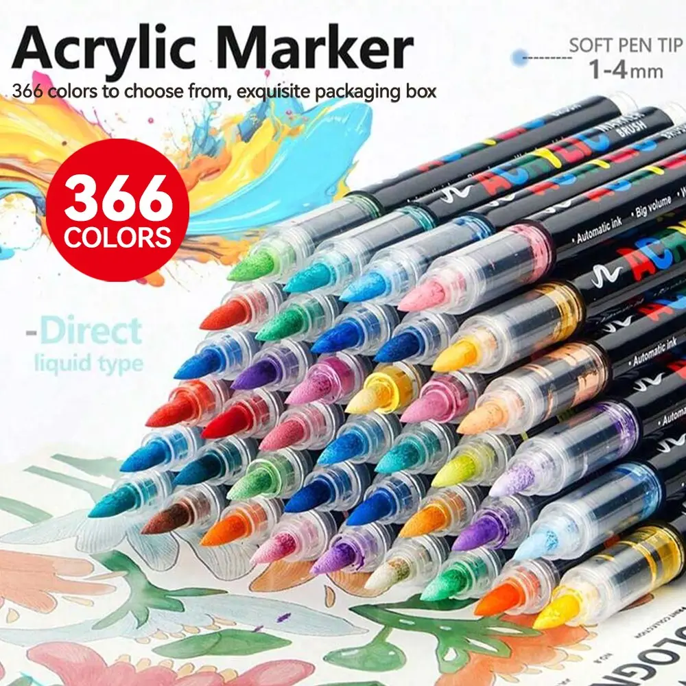 Brush Acrylic Markers, 366 & 320 Colors Available, Thick Ink, Smooth Flow, Ideal for Crafts, Art Supplies, Plastic, Glass, Metal, Fabric, Brush Dot Tip