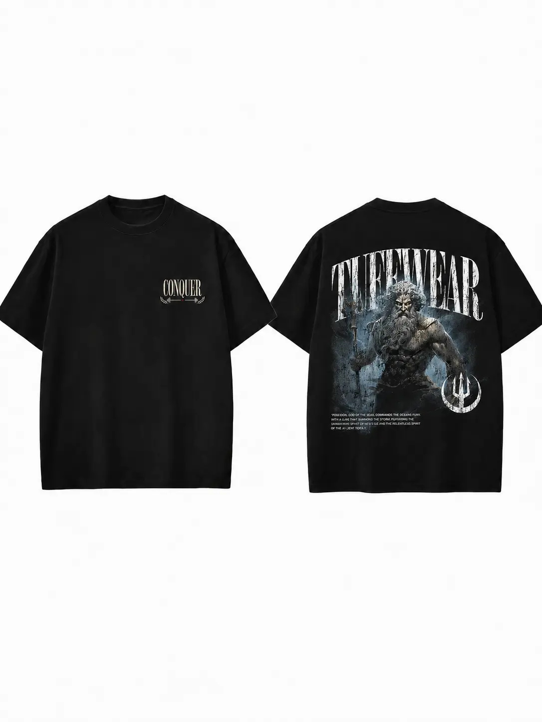 Men’s Poseidon God of the Sea Greek Mythology Graphic T-Shirt, Ocean King Trident Front and Back Print Tee, Oversized Vintage Gym Workout Bodybuilding Shirt, Powerful Warrior Motivational Unisex Fitness Streetwear