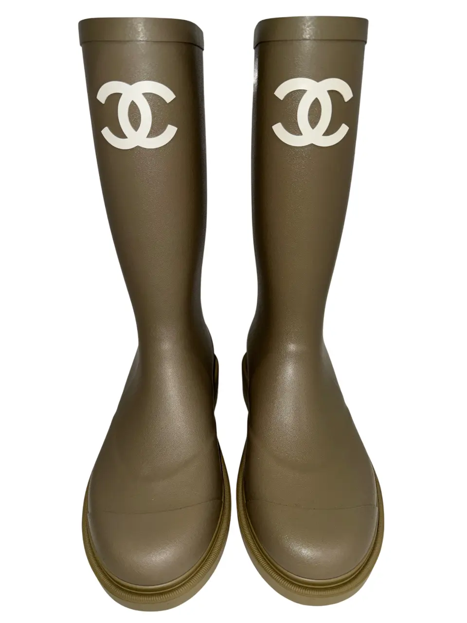 Chanel REV Dark Beige Moss Green White CC Logo High Pull On Rubber Rain Boots