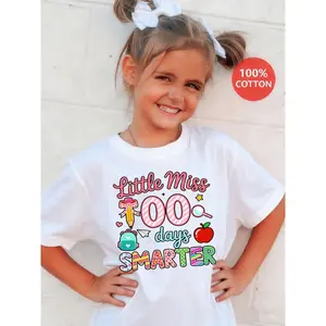 SHOWTLY Brand, Little Miss 100 Days Smarter T-Shirt - Colorful School Milestone Graphic Tee for Kids, Fun Polka Dots Hearts Stripes Design with Pencil Backpack Apple Icons, Soft Summer Breathable Shirt, Perfect 100Th Day of School Gift for B (3-13Y)