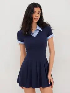 Cider Cotton Collar Stripe Pleated Two Tone Mini Dress