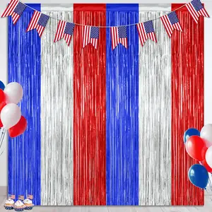 2 Pack 4th of July Decorations, 3.28 FT x 7.05 FT 250 Anniversary Tinsel Backdrop, Red Silver Blue Fringe Curtains Streamer Backdrop, Independence Day Photo Backdrop Party Supplies