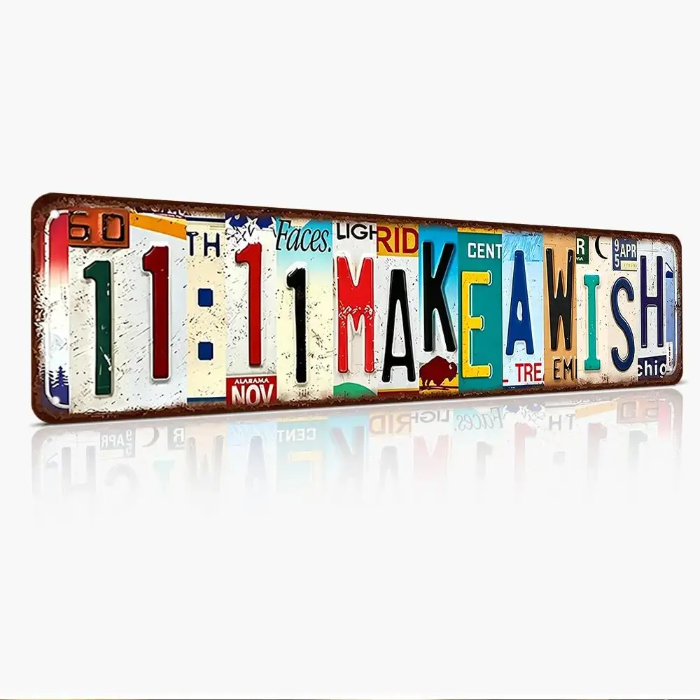 11:11 Make A Wish, Inspirational Quote, License Plate Collage Style Vintage 16x4 Inch Flat Printed Weatherproof Rust-Proof Aluminum Metal Sign Distressed Visual Effect Design Wall Decor, Popular Gift For Manifestation Lovers & Spiritual Home