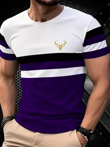 Men's Fashion 3D Printed Striped T-Shirt, Vintage Round Neck Short Sleeve Casual Top, 100% Polyester, All Seasons Fit