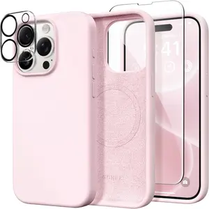 Magnetic Case For iPhone 15 Pro, Compatible with MagSafe, [Screen Protector + Camera Lens Protector], Silicone Shockproof Anti-Scratch Protective Phone Case 6.1 inch, Chalk Pink