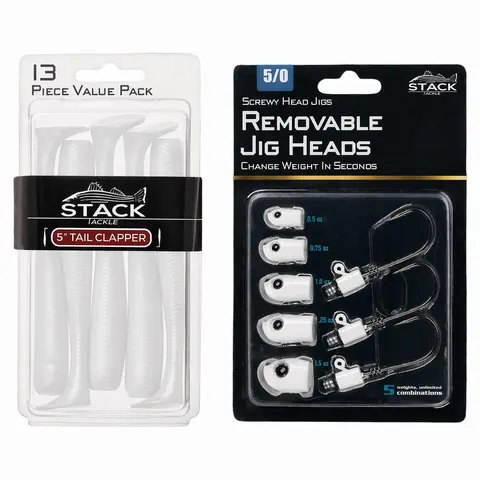 STACK TACKLE 13-Pieces Quick-Change Screw Head Jigs and Tail Clapper Combo Pack, Multi-Size Fishing Equipment with Precision Screw Mustad Hooks