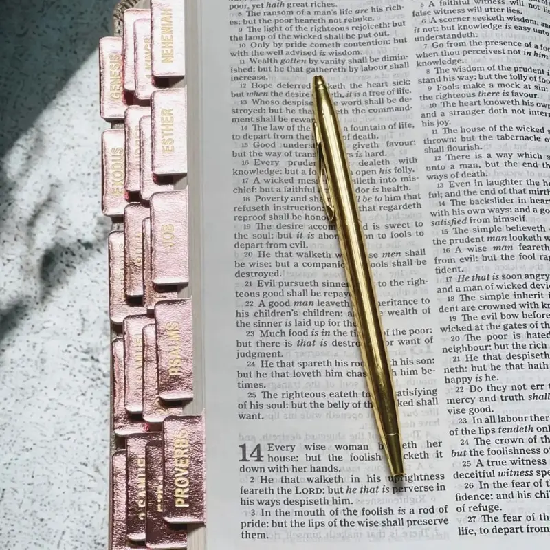 BIBLEGRL Chrome Pink Leather Bible Tabs-Gold Foil Lettering, Easy Peel & Stick