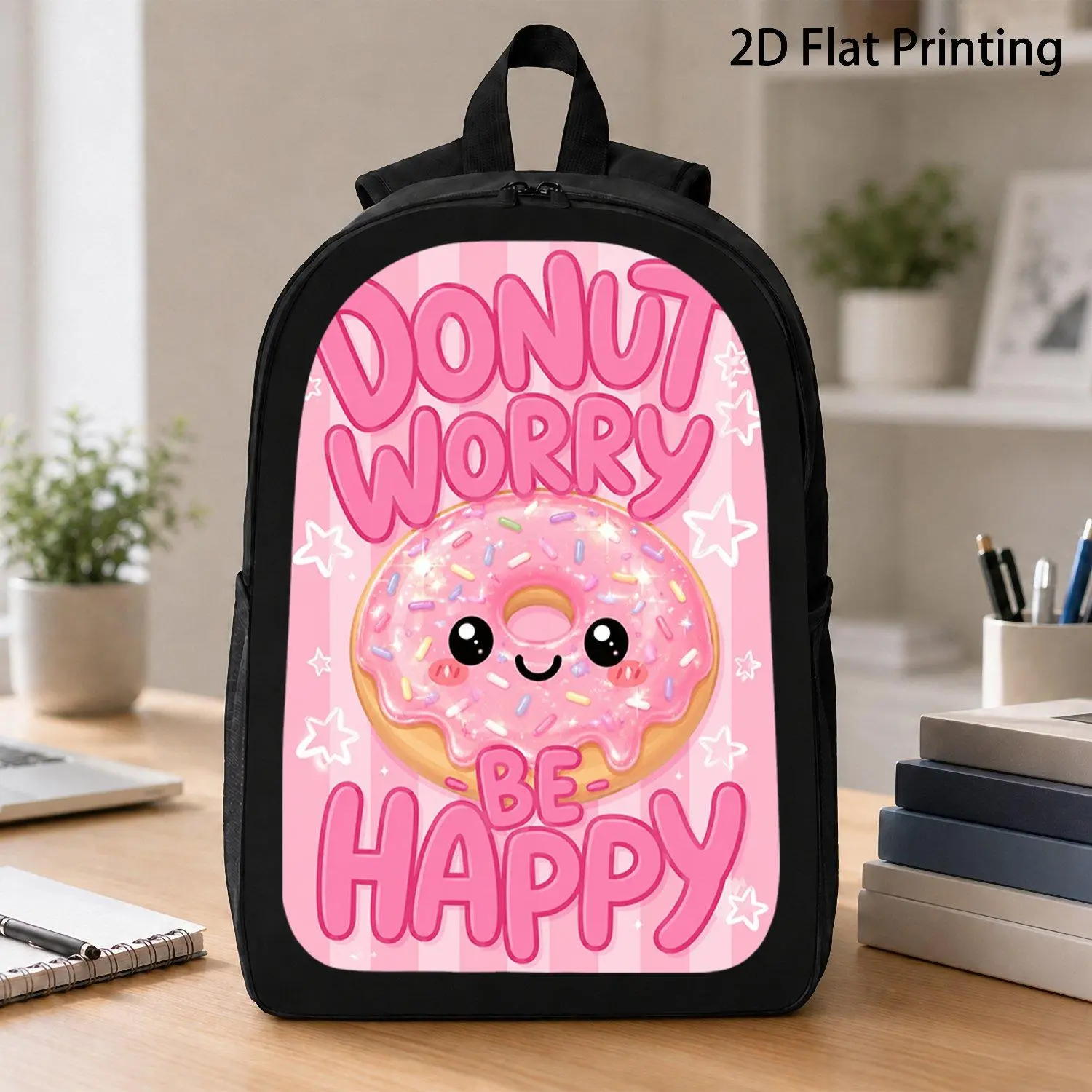 [17 Inch Backpack] 1pc Donut Worry Be Happy Kawaii Glitter Donut Design Backpack Viral Cute Sweet Food Print Backpack Durable Large Backpack For Youth Daily School Outdoor
