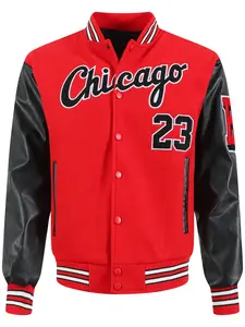 Men's Red Baseball Jacket Casual Loose Fashion High-End Letter Embroidered Jacket Button Front Black PU Long Sleeve College Style Streetwear Sportswear Coats