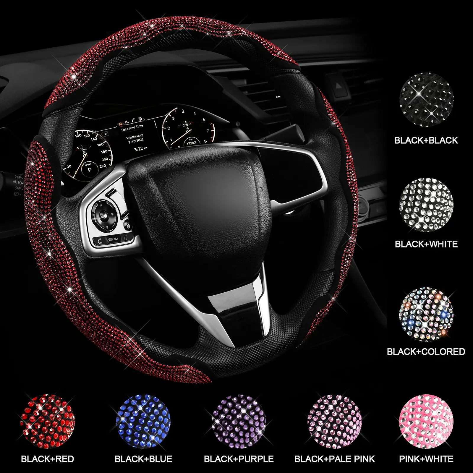 Queen's Land Diamond Bling Car Steering Wheel Cover with Crystal Rhinestones,3PCS Segmented Steering Wheel Protector,Universal for 99% Cars for Women