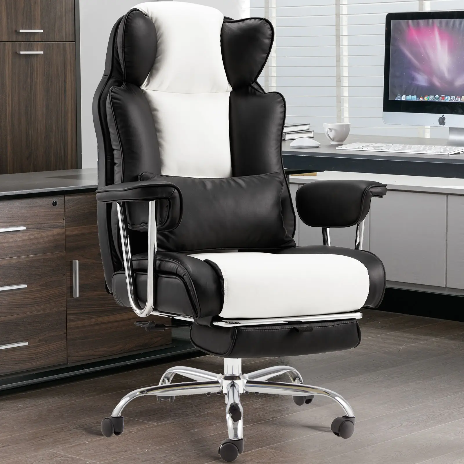 Big and Tall Ergonomics Office Chair with Foot Rest Comfortable Executive Reclining Home Chair Large Leather Chair with Adjustable High Back Heavy Dut