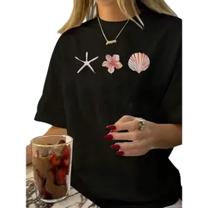 Women Casual Starfish & Shell Print Round Neck Short Sleeve T-Shirt White Summer  Top