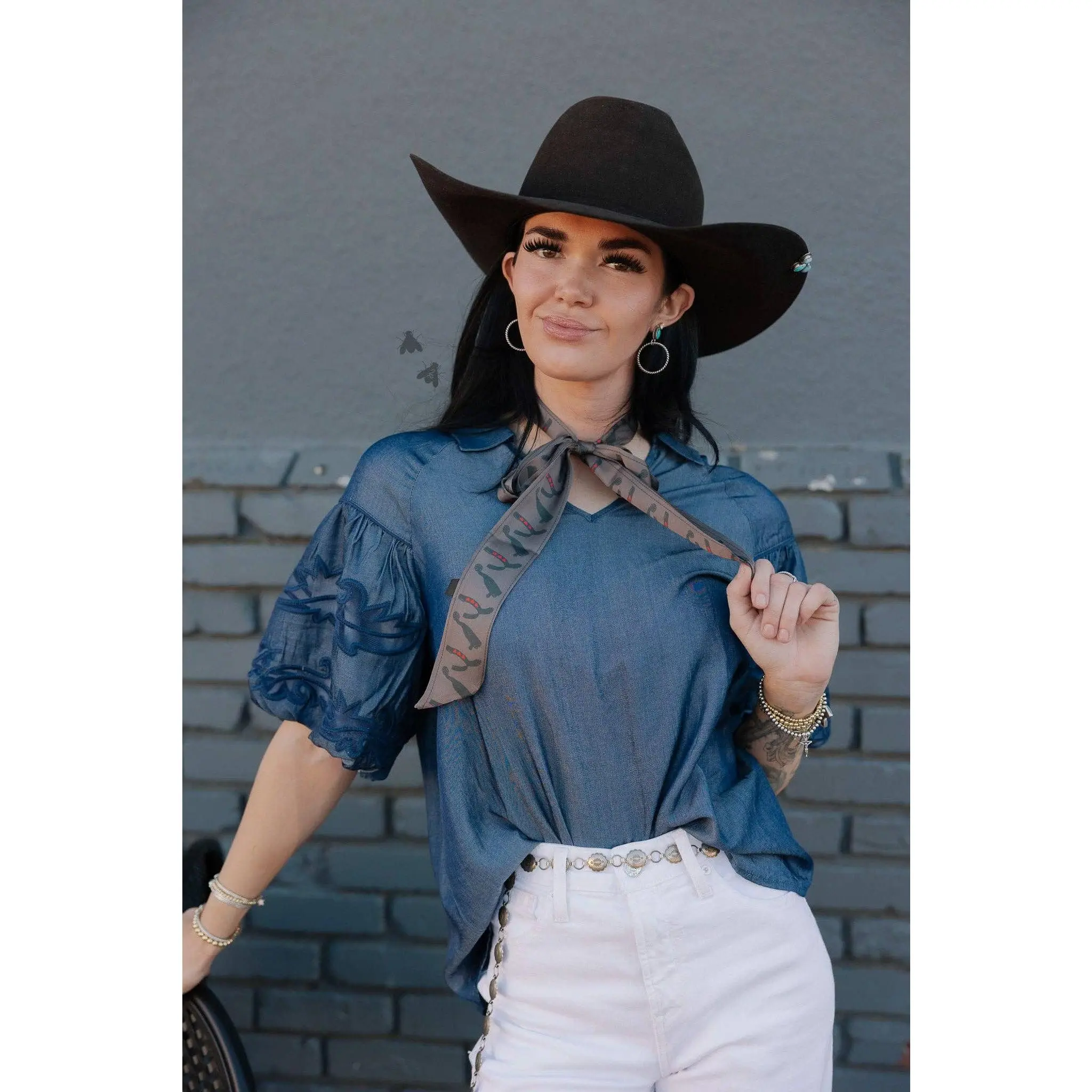 Embroidered Denim Blouse for Women - Western Style Top with Puff Sleeves, Boxy Flow & Mesh Cutouts, Embroidery, Shirts, Western Elegance, Cotton Blend, Boxy Length, Minimal Stretch, Boot Stitch, Mesh Cuts, Drape Detail, Casual, Polyester, V Neck, Mesh Acc