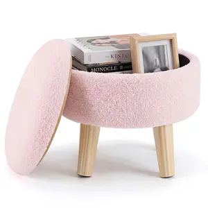 Round Storage Chair with Wooden Legs, Soft Cushioned Teddy Fabric Footstool Ottoman – Hidden Storage Compartment for Books, Toys, Remotes – Multi-Functional Seat for Living Room, Bedroom, Dormitory, Compact 13"x13"x11.8"