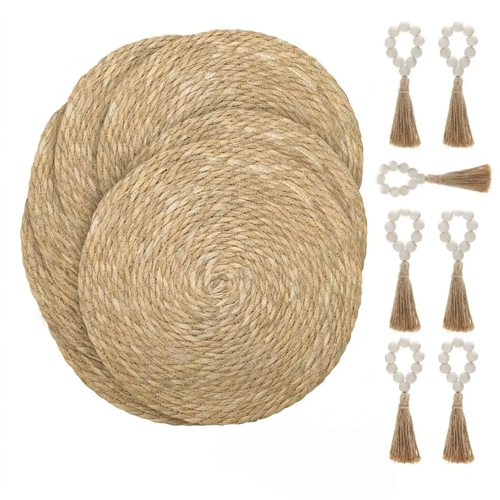 Generic Brand 13.8 Inch Set of 7 Handcrafted Sturdy Woven Tableware Placemats with Wooden Beads Napkin Rings, Natural Water Hyacinth Round Mats, Rustic Kitchen Decor, Tassels-Included Home Dining Table Tool Kit Accessories, Kitchen Dining Table