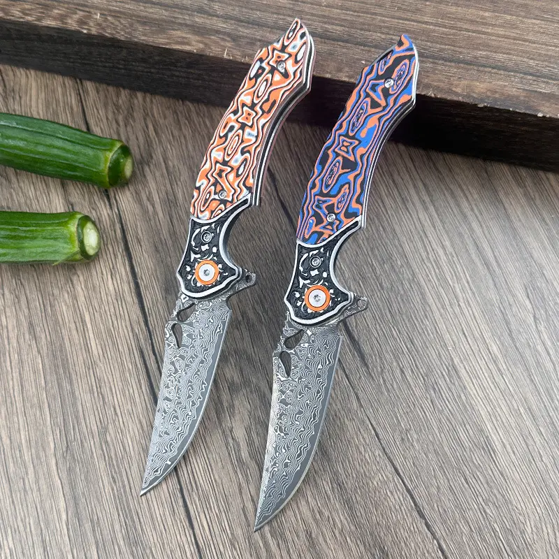 Vintage Damascus Folding Knife, Fiberboard + Steel Toe Handle, Multi Layer Damascus Steel High Hardness Blade, Everyday Carry Gear Camping