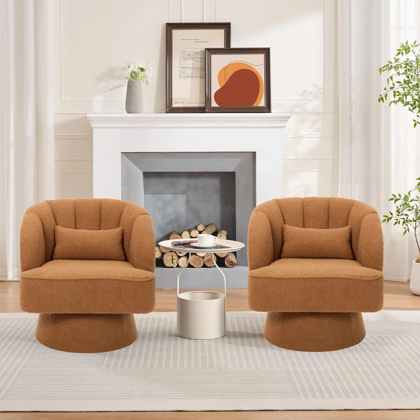 GARVEE 2-Pack Swivel Barrel Armchairs - Teddy Bear Velvet Upholstered Midcentury Modern Durable Ergonomic Indoor Loungers, Striped Backrest, Plush Padding, Tool-Free Assembly, for Living Room, Small Spaces (Brown), Swivel Chairs, Barrel Chair