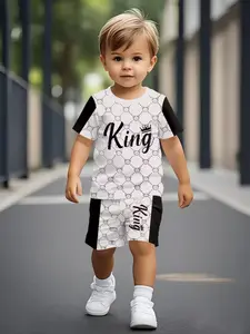 Baby Boys Summer Trendy Short Sleeve Set, Fashionable English Letter Crown Bear Print, Comfortable Casual Fitted Tee