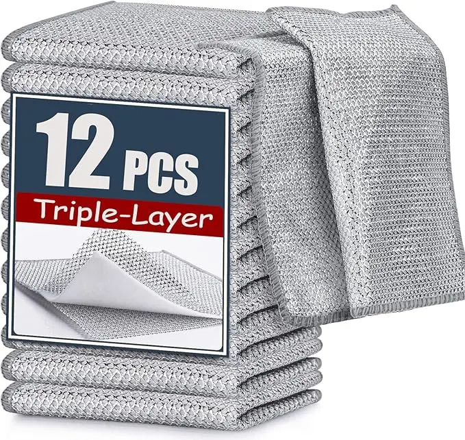 12-Pack Durable Cotton Steel Wire Thick Cleaning Cloths - 6.7"x6.7" Triple-Layer Scratch Free Cloth, Multipurpose Dish Towel for Home Care Cookware, Sinks