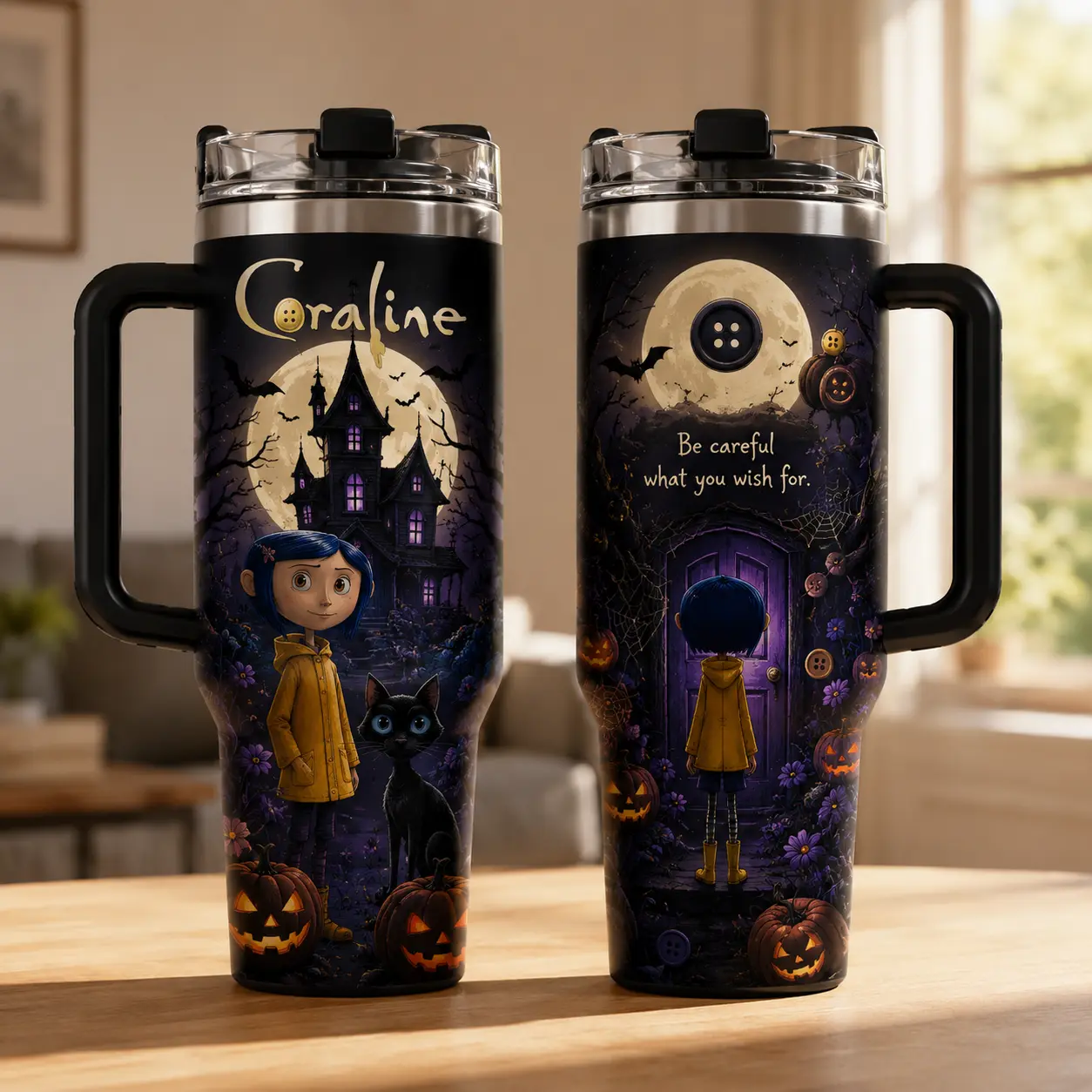 Halloween Coraline Inspired 20oz/30oz/40oz Stainless Steel Tumbler, Spooky Gothic Travel Mug, Double Wall Vacuum Insulated Cup, Fall Horror Gift