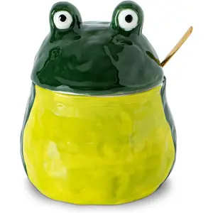 Frog Salt Cellar With Lid And Spoon Ceramic Salt Container Green Salt Box Cute Salt Containers For Countertop– Elegant Salt Holder For Countertop