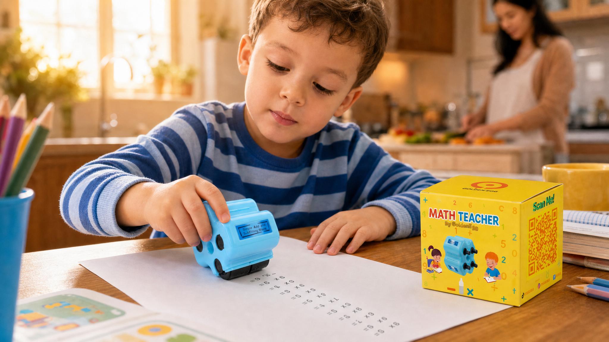 Math Teacher 4-in-1 Math Roller Stamp by GOLDENEGG [Free Grading App] | Addition Subtraction Multiplication Math Practice Tool | Math Learning Tools, Math Toys for Kids Ages 5-9, 1st 2nd 3rd Grade | Screen-Free Back to School Supplies, Homeschool