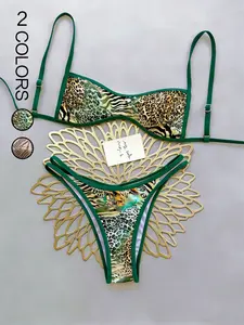 New Women's Two-Piece Bikini Set, Jungle Animal Print Triangle Top, Emerald Trim, Slim-Fit, Sleeveless, All Seasons, Leopard Print Bikini, Beachwear Swimsuits