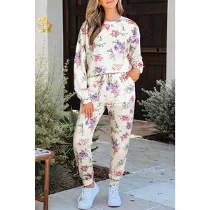 Apricot Floral Print Pullover Drawstring Lounge Pants Set