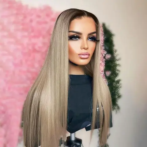 Ash Blonde Bone Straight Human Hair Wigs for Women Brown Root Blonde 13x4 Lace Frontal Wig Preplucked 200% Density HD Transparent Lace Front Human Hair Wig For Women