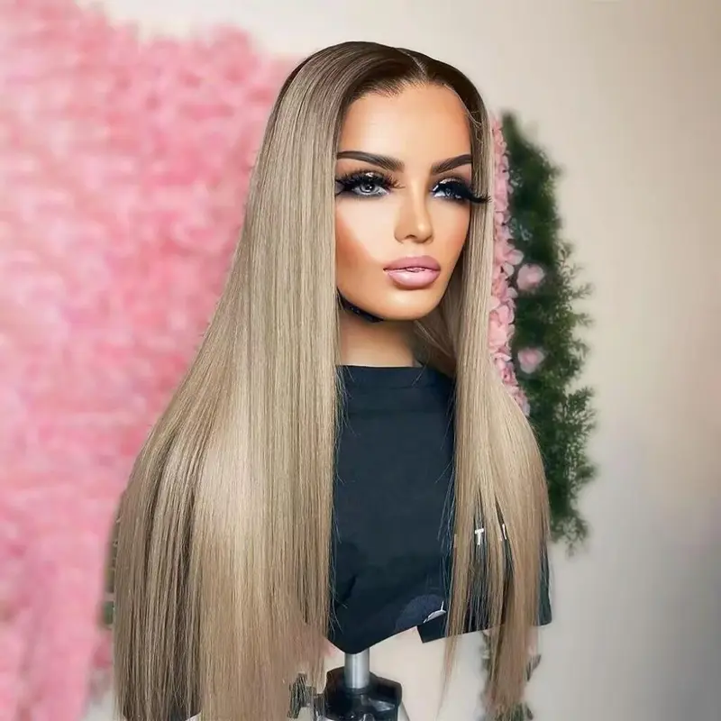 Ash Blonde Bone Straight Human Hair Wigs for Women Brown Root Blonde 13x4 Lace Frontal Wig Preplucked 200% Density HD Transparent Lace Front Human Hair Wig For Women